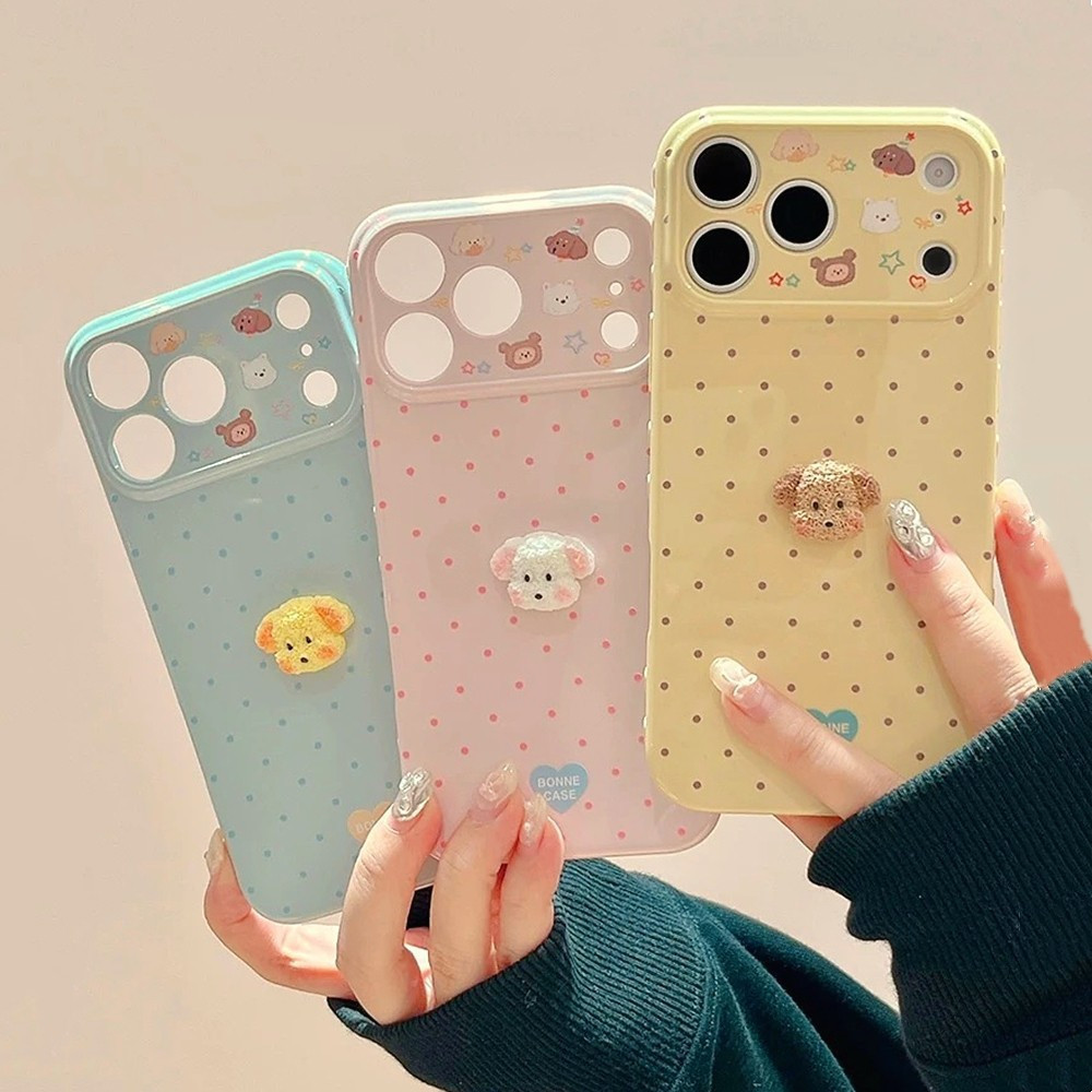Capa de Telefone Fofa com Bolinhas 3D e Cachorrinho Doce para iPhone 17 Pro 16 15 14 13 12 11 Max 15 Plus