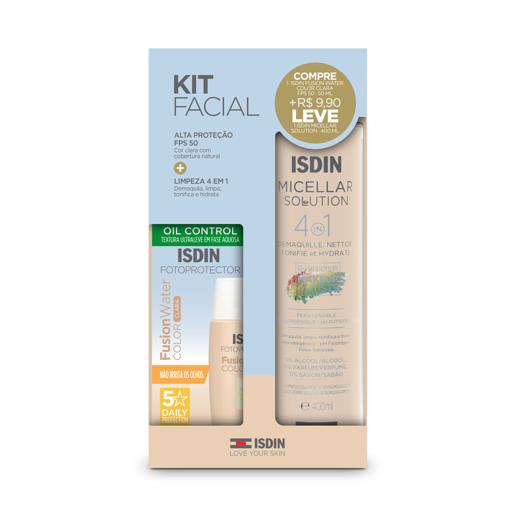 Isdin Fusion Water Color Cor Clara FPS 50 50ml e + R$9,90 Leve Isdin Micellar Solution 400ml