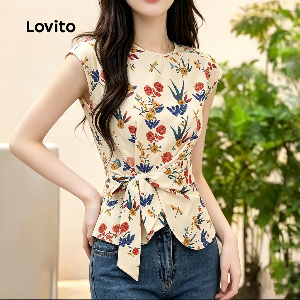 Lovito Blusa Casual Assimétrica Renda com Laço Flores Blusa Primavera/verão para Mulheres BLB201P1D080 — imagem 2 de 2