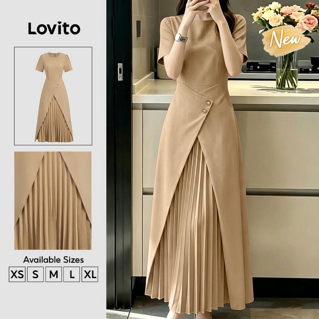 (New Arrival) Lovito Vestido Elegante Comute Vestido Plissado Envelope Khaki Verão Primavera para mulheres DRB202P2D582