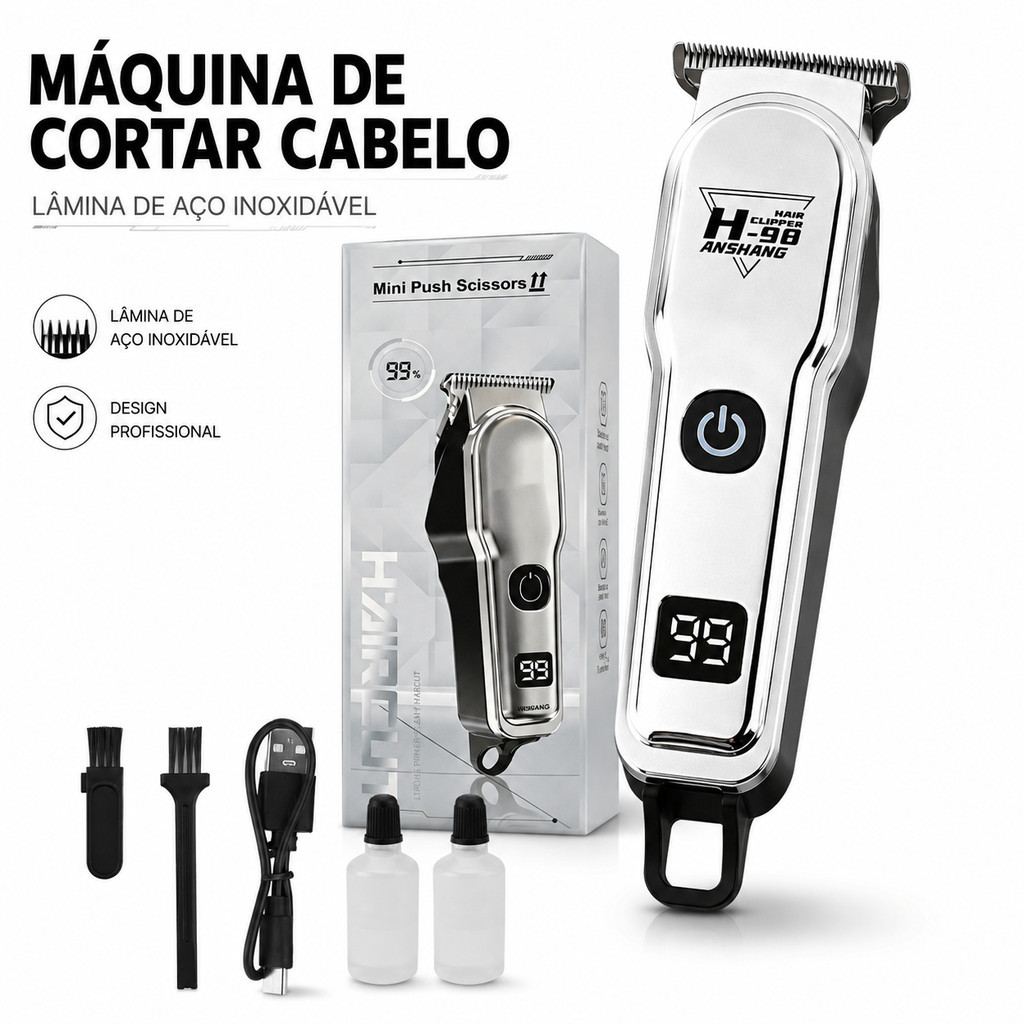 Máquina de Cortar Cabelo Profissional Inox Recarregável Sem Fio Aparador de Barba com Display Digital