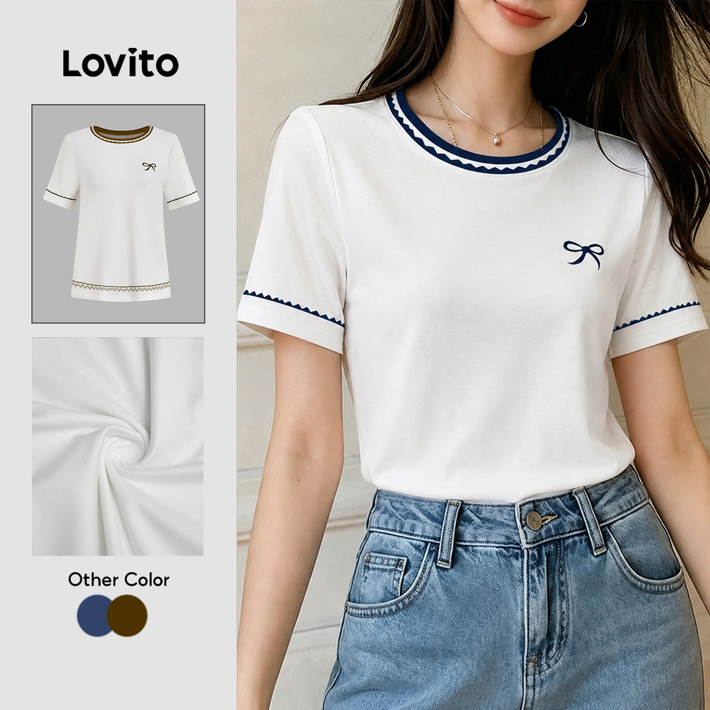 (New Arrival) Lovito Camiseta Casual e Acabamento em Viés Primavera/verão Off wh