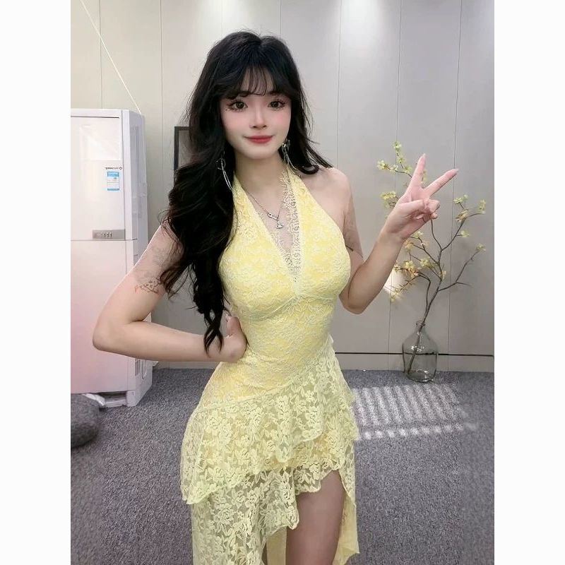 Vestido de renda francesa com decote em V e decote em V, verão, férias para meninas, lindo vestido de cintura estreita, 