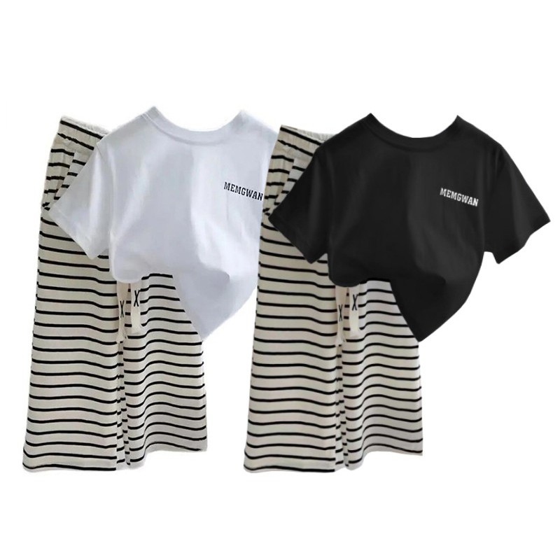 Camiseta + Calças Listradas 2 Peças Conjuntos De Roupas Infantis Meninas Verão Carta Casuais