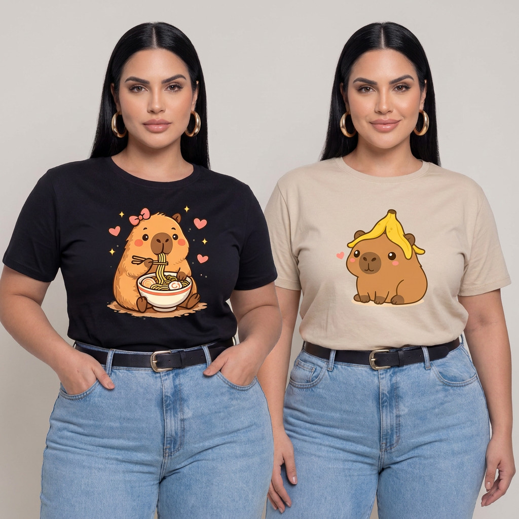 Kit 2 Camisetas Plus Size Feminina Capivara Blusinha Estampada 100% Algodão Tendencia Estilosa