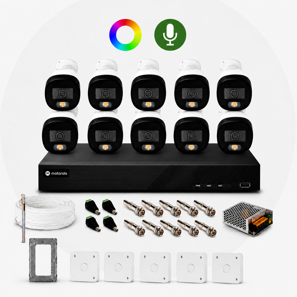Kit CFTV Color MDX 10 Câmeras Full Color com Áudio DVR Motorola 16 Canais HD 500