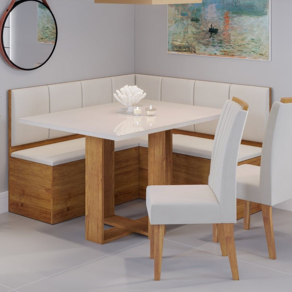 Conjunto Canto Baú com Mesa de Jantar Retangular 120x80cm sem Vidro e 2 Cadeiras Yescasa Bege/Mel/Off White/Marfim