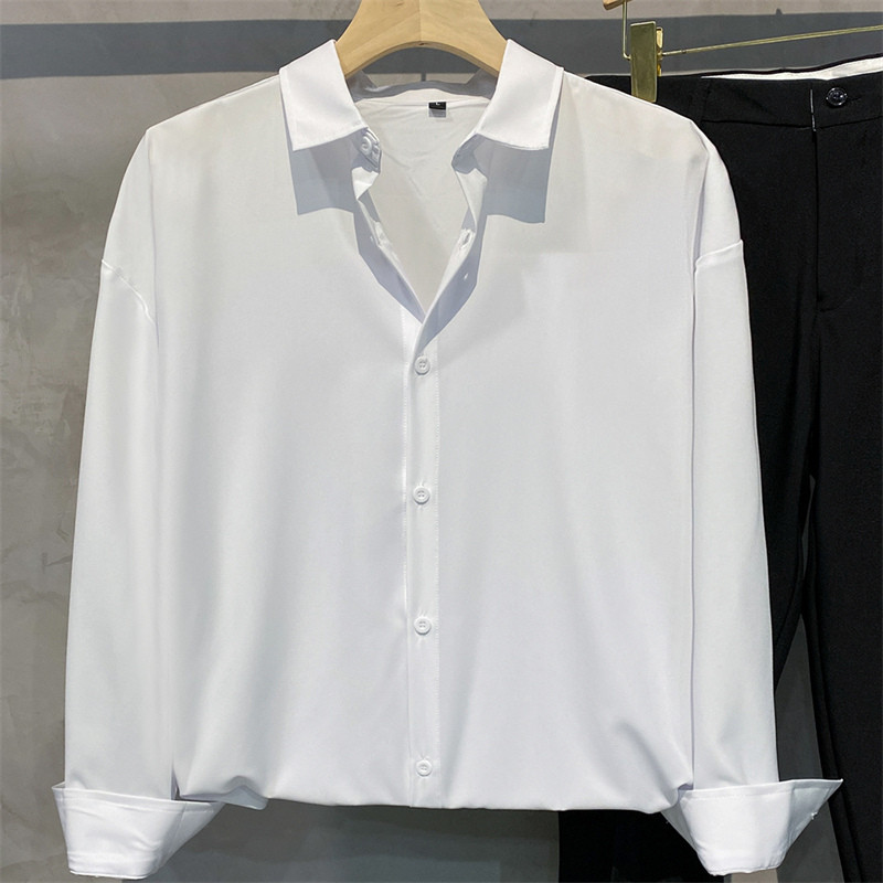 Camisa masculina verão preto gelo seda camisa de manga comprida interior não-ferro solto jaqueta Casual dk camisa branca