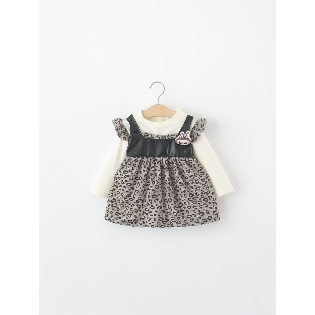 Meninas vestido de manga comprida primavera outono crianças bebê menina dos desenhos animados leopardo impressão falso v