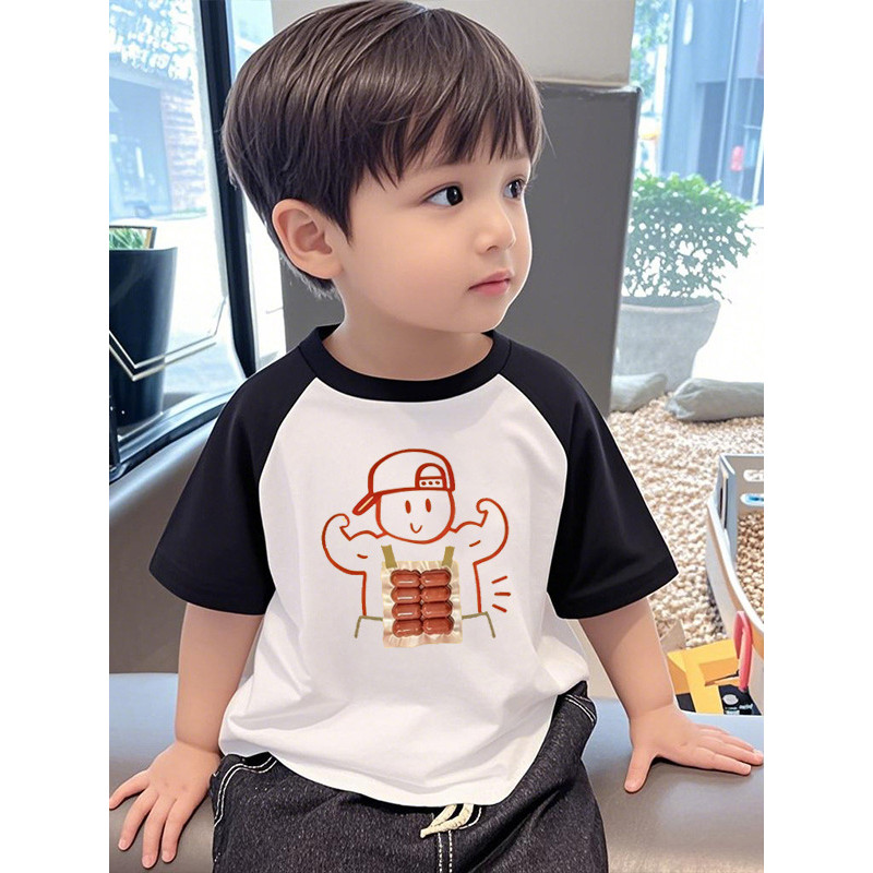 Desenhos animados dos desenhos animados impresso camiseta de manga curta crianças contraste cor manga Raglan puro algodã