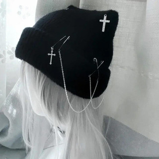Gorro De Malha Gótico Para Mulheres Y2K Chapéu De Orelha De Gato Artesanal Crochê Crânio Feminino Adolescentes Subcultur