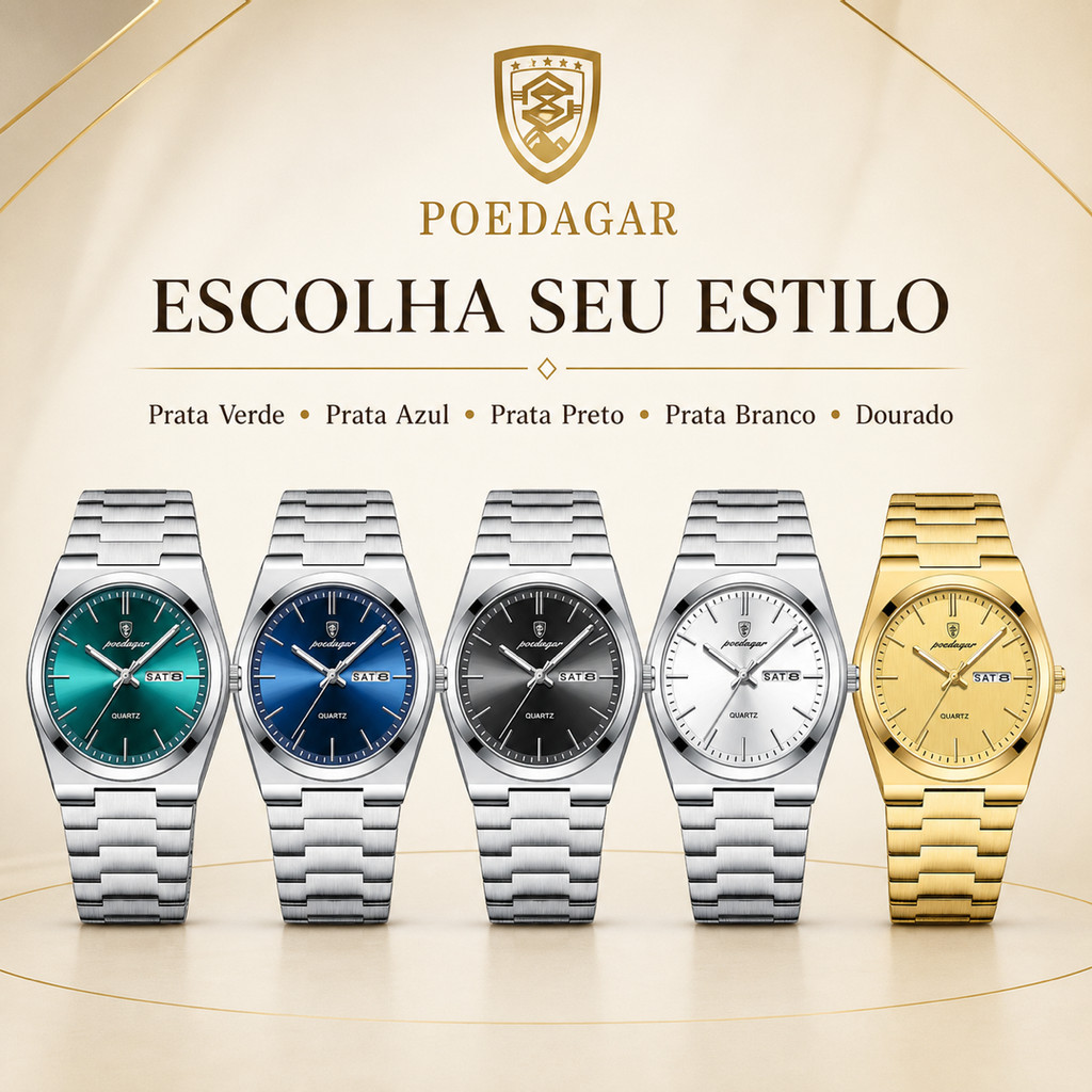 Relógio POEDAGAR 930 Masculino Quartzo Semana Data Pulseira De Aço Resistente À Água