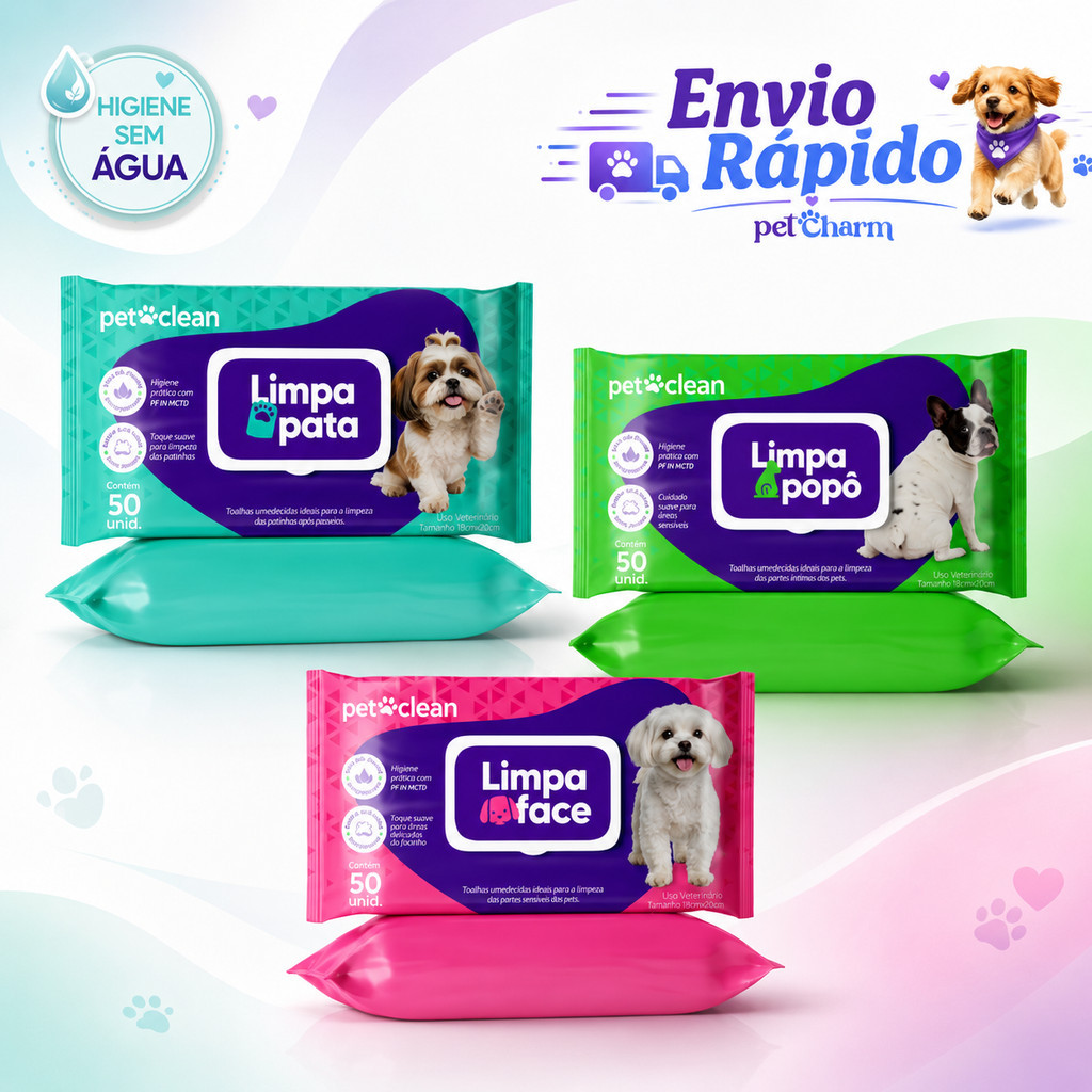 Toalha Lenço Umedecido Cachorro Cães e Gatos 50un Limpa Pata Popô Face Higiene Pet Pet Clean