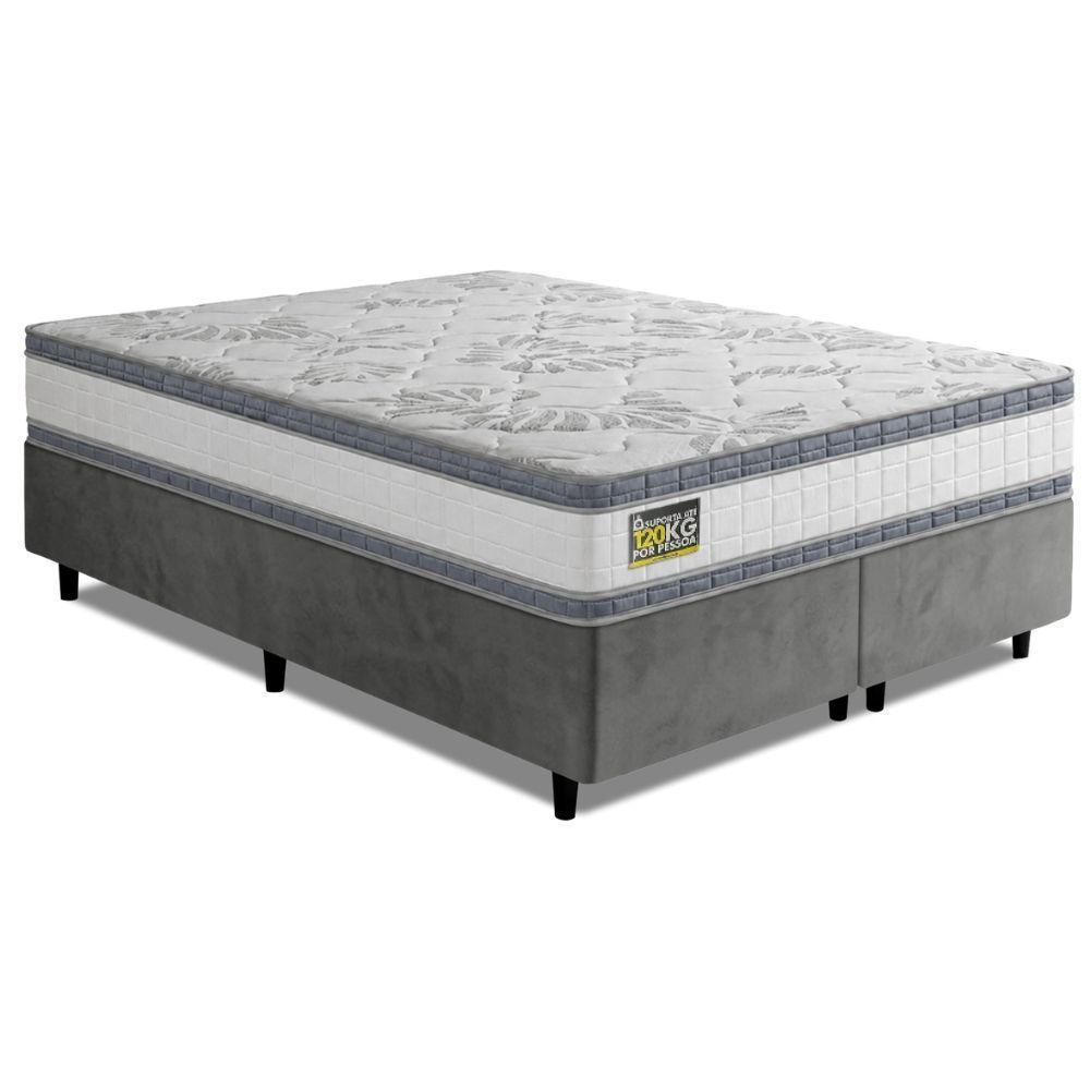 Cama Box com Colchão Queen Molas Ensacadas D33 Double Face Tecido Malha Branco e Cinza Hellen