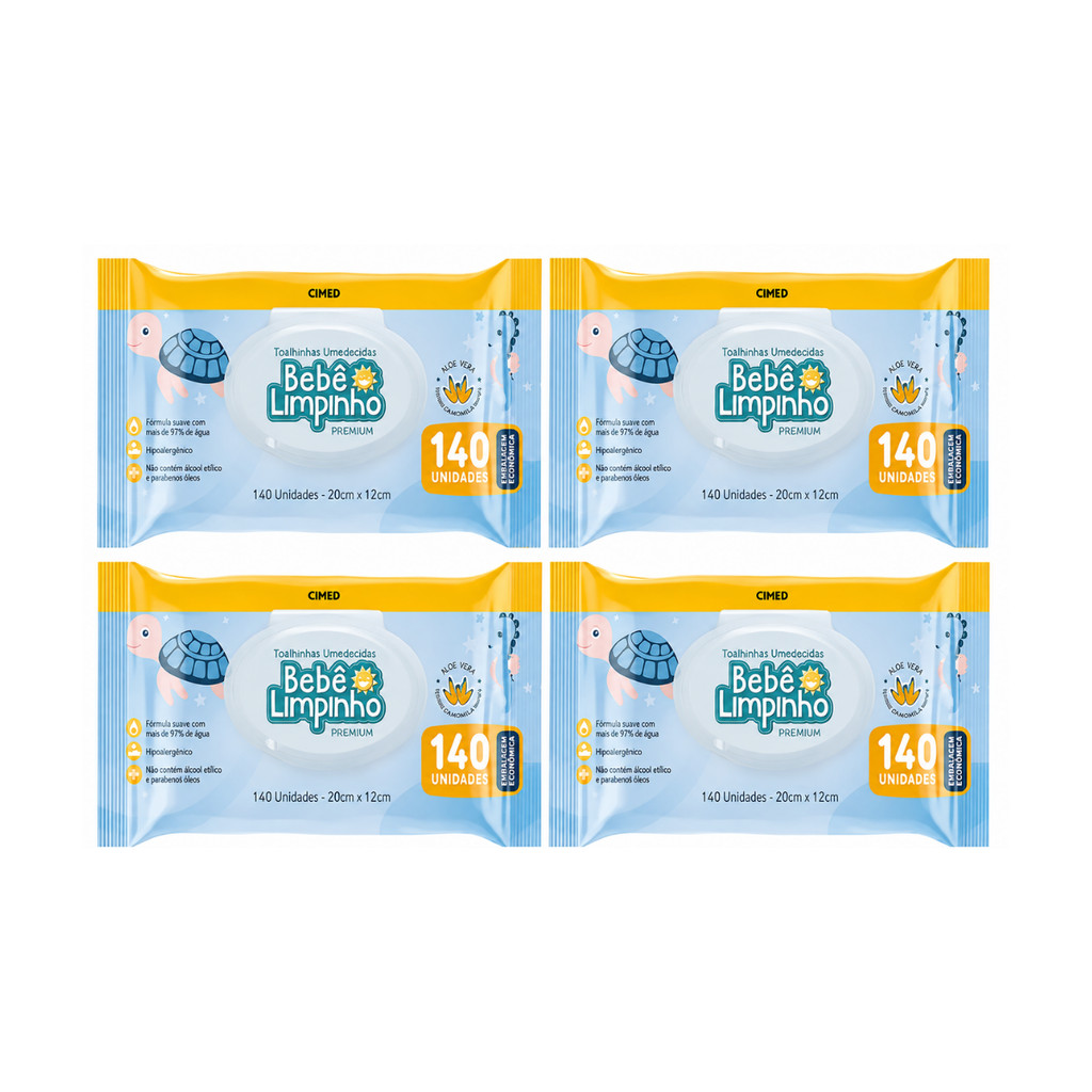Kit 4 Pacotes de Toalha Umedecida Bebe Limpinho 140 Uni - Cimed