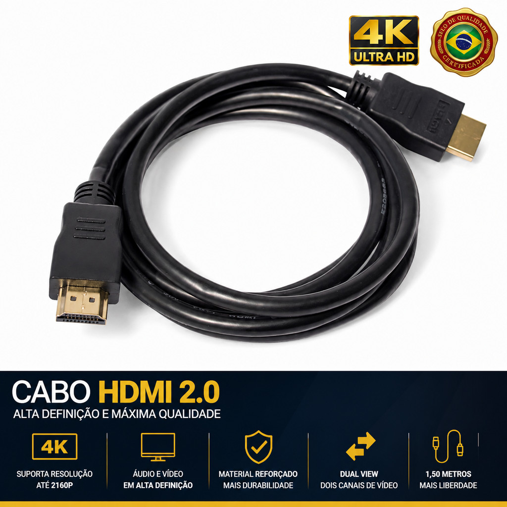 Cabo HDMI 2.0 4K Ultra HD Alta Definição para TV Videogame Notebook Monitor Projetor e Home Theater