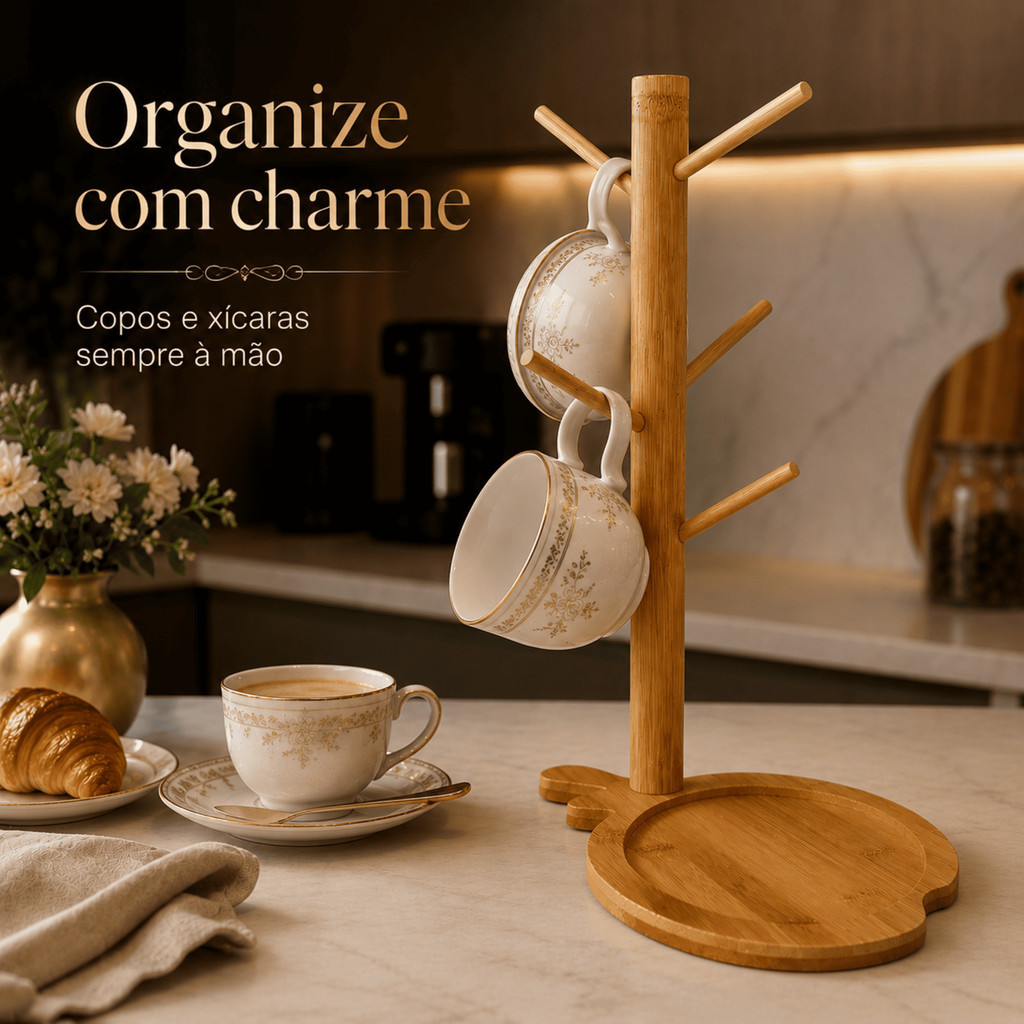 Suporte Xícaras Canecas Bambu Organizador Cantinho do Café Porta Caneca Bancada Cozinha 6 Ganchos · foto 2