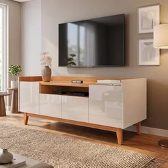 Rack para TV até 60 Polegadas MDF 158cm Pés em Madeira Maciça 4 Portas 1 Nicho Adria Versátile Bege Off White/Noce
