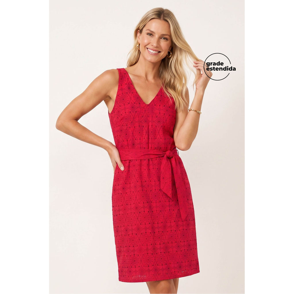 Vestido Midi Feminino Devorê Com Faixa Marialícia Vermelho