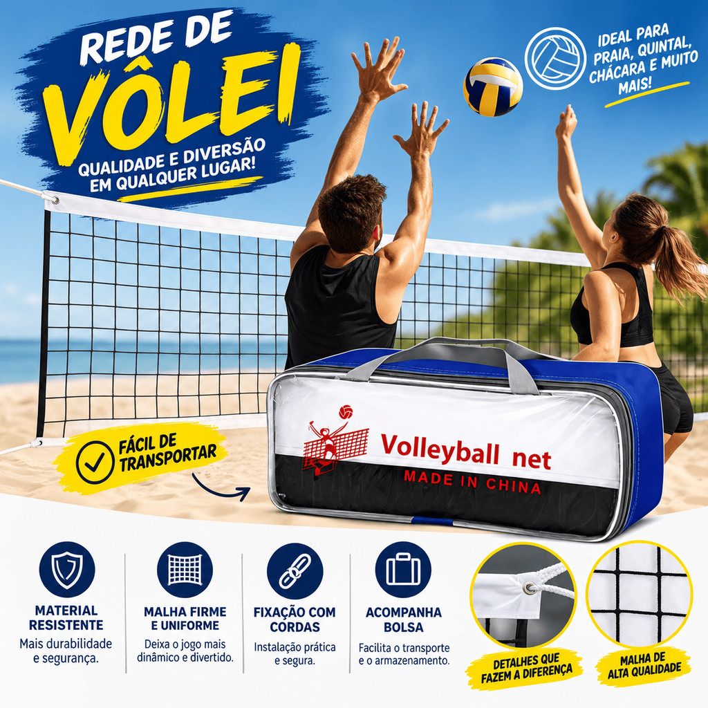 Rede Vôlei 3m e 5m Biribol Portátil com Faixa Superior Recreação Quintal Praia Esporte Lazer