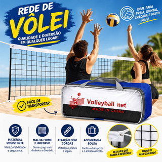 Rede Vôlei 3m e 5m Biribol Portátil com Faixa Superior Recreação Quintal Praia Esporte Lazer