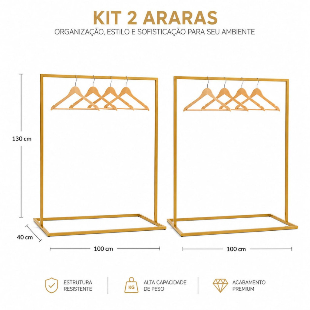 Kit 2 Araras Para Roupas Industrial Reforçada Dourada Desmontável Premium — imagem 2 de 2