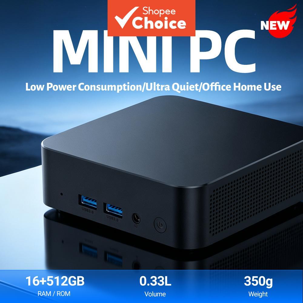 Mini PC, 16GB de RAM, 512GB SSD, gabinete de 0,33L, 350g, leve e compacto, silencioso e de baixo consumo, com duas