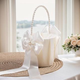 Cesta De Flores , Alça , Suprimentos De Casamento , Com Laço , Flor De Noiva Branca De Cetim