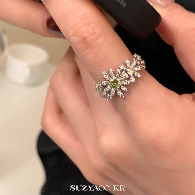 Anel Margarida com Diamantes para Mulheres, Design de Flor Cravejado de Diamantes, Anel para o Dedo Indicador, Anel Vint