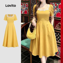 Lovito Vestido Elegante Feminino com Amarração Amarela Primavera/Verão DRB198P1D202