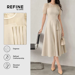 (Refine by Lovito) Plissado Vestido Elegante de Verão com Costura de Tecido e Pregas com Zíper em Caqui claro Trabalho LR38E004