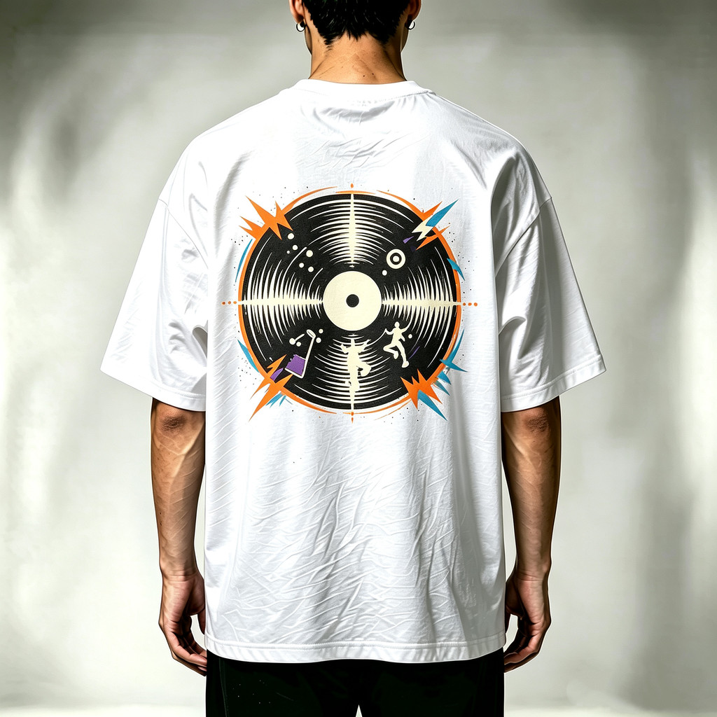 Camiseta Masculina 100% Algodão Estampa Traseira De Figura Esportiva E Elementos Musicais Corte Solto Confortável