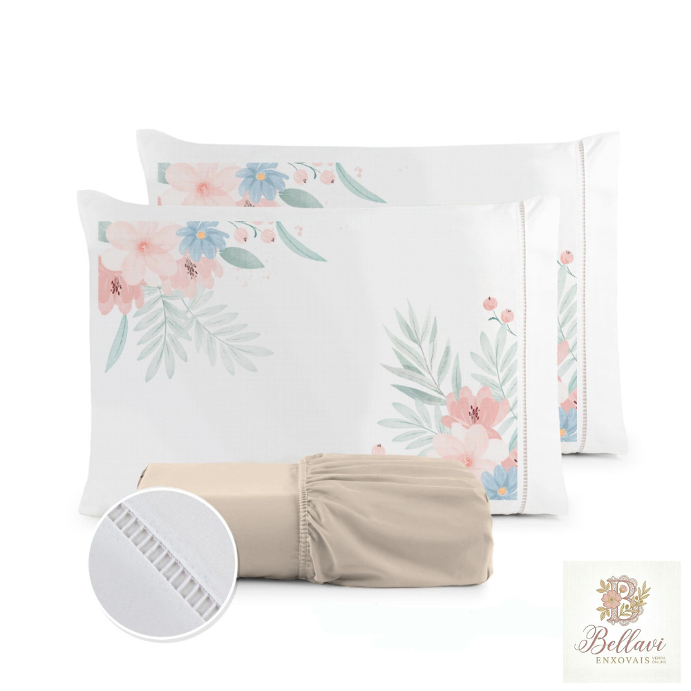 Jogo de Lençol Fronha Flor Rosa Estampada Micropercal 400 Fios Ponto Palito - Novidade