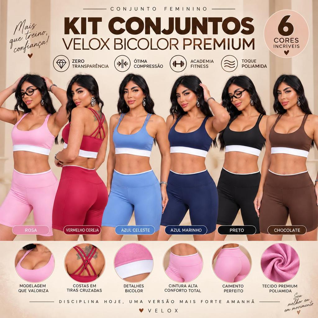 Conjunto Fitness Feminino Bicolor Premium Top + Bermuda Cintura Alta Zero Transparência Alta Compressão Academia
