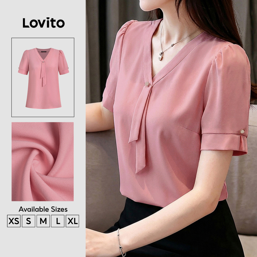 (New Arrival) Lovito Blusa Elegante Simples de Renda Corderosa para primavera/verão Bordado BLK8P2D901