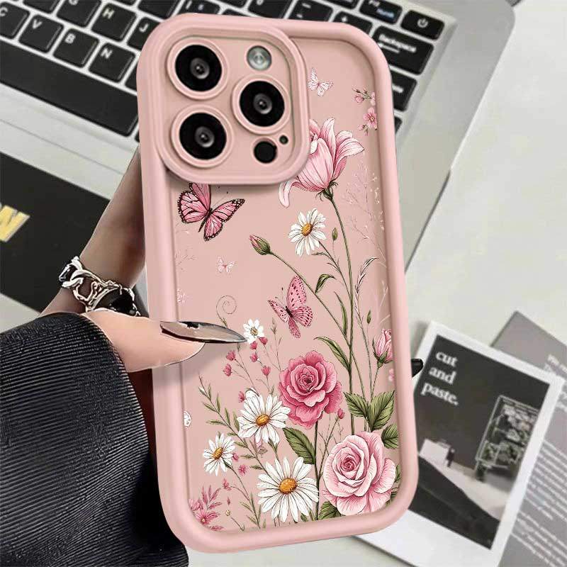 Capinha de silicone macia para Samsung Galaxy A15 A14 A05S A23 A34 A35 A55 A54 A12 A13 S24 S20FE Borboleta de Flor Rosa