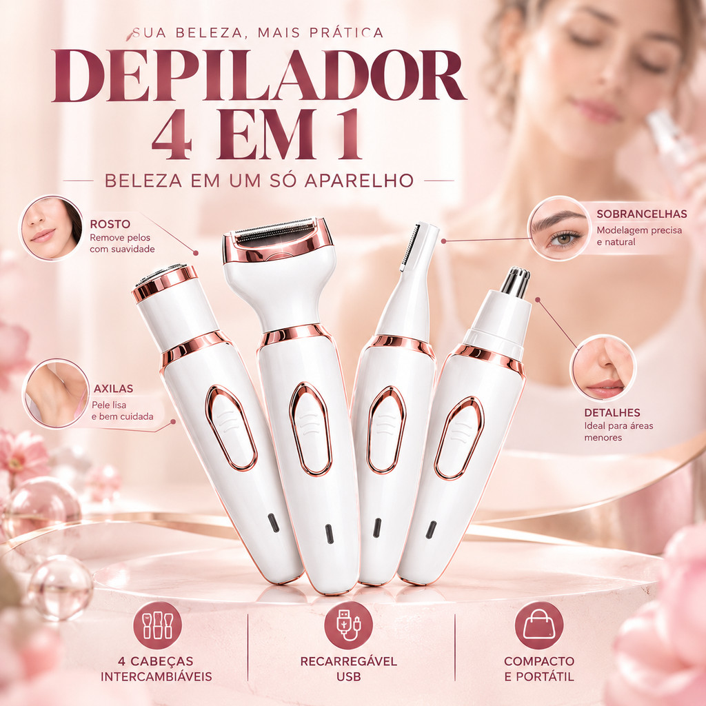 Depilador Elétrico Feminino 4 Em 1 , Aparador De Pelos Para Rosto , Sobrancelhas , Axilas E Corpo , Recarregável Por USB