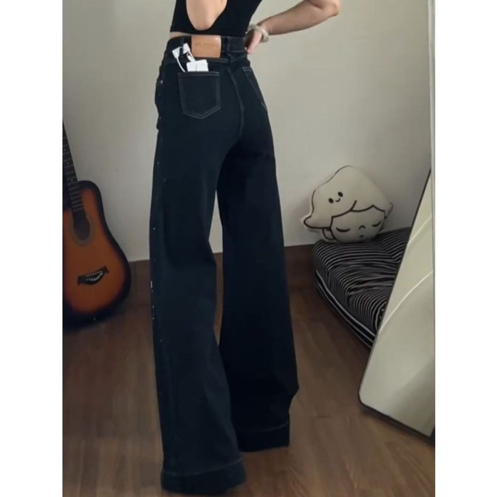 Americano na moda preto Jeans feminino outono novo estilo cintura alta mais magro olhar botão Design sentir ligeiramente