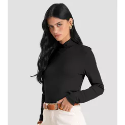 Blusa Feminina Gola Alta Cruzada Canelada Dianna Preto