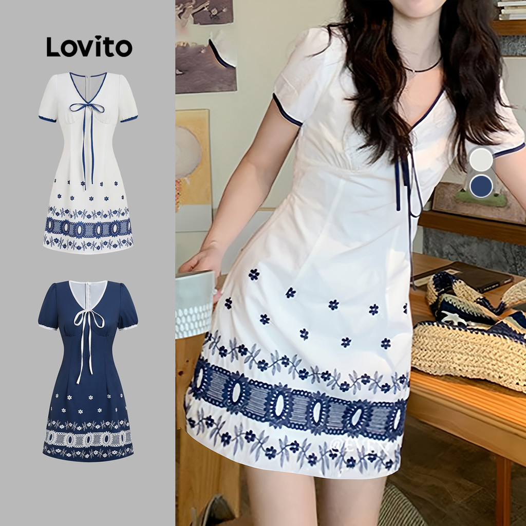 Lovito Férias Vestido com Amarração Vestido para Mulheres Primavera/Verão Bordado L164LD181