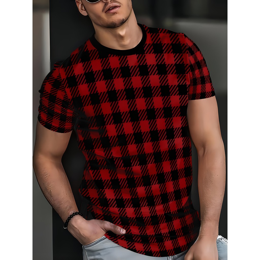 [Crimson Checkered Rhyme] Camiseta masculina Casual com estampa Digital, gola redonda, mangas curtas, estilo Hip-Hop de 