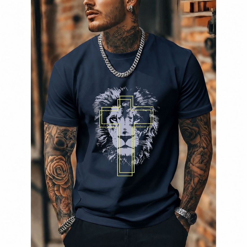 [Premium Algodão Puro]TAC Camiseta Oversized Streetwear Masculina e Feminina, Estampa de Leão e Cruz, 100% Algodão, Esti