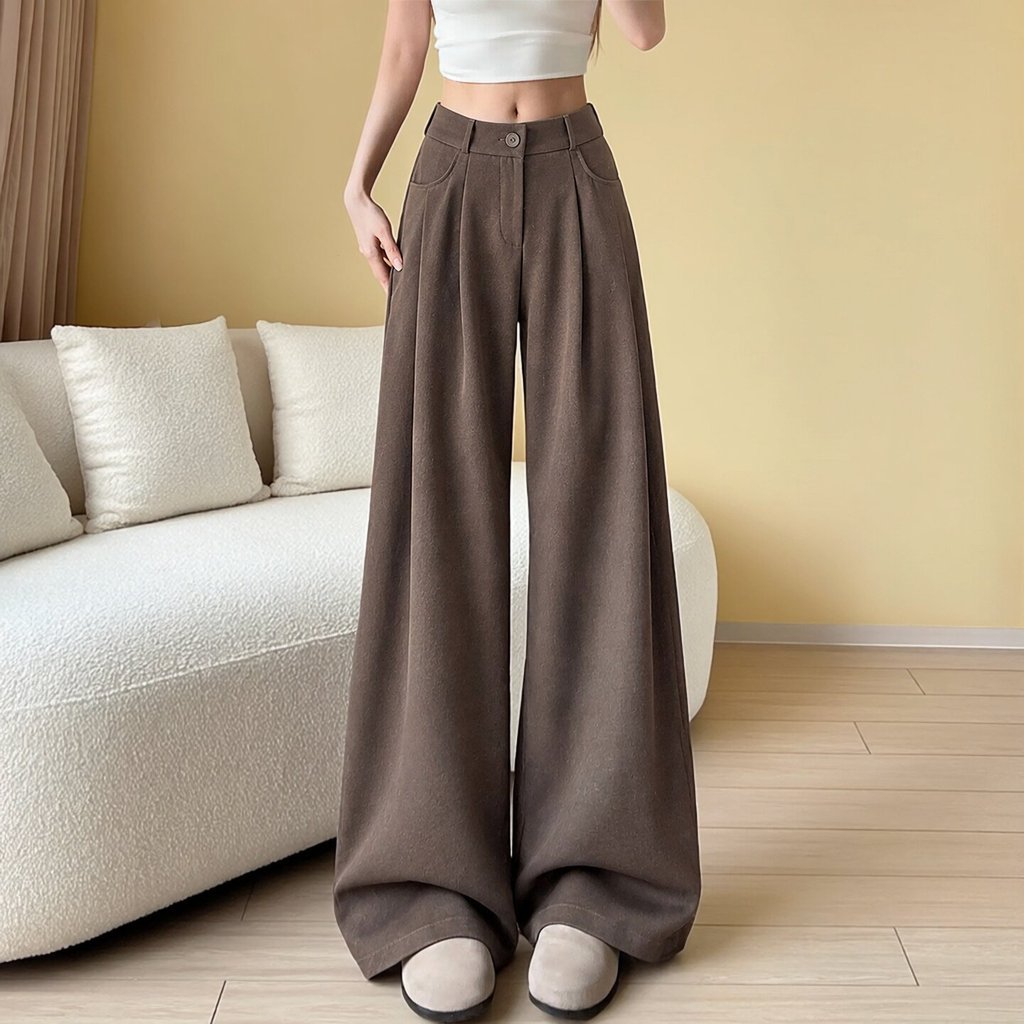 Café cor arroz glutinoso calças de perna larga feminino outono 2026 novo estilo estilo coreano solto Drape Casual em lin
