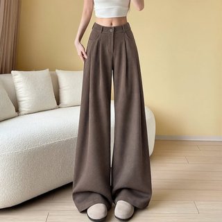 Café cor arroz glutinoso calças de perna larga feminino outono 2026 novo estilo estilo coreano solto Drape Casual em lin