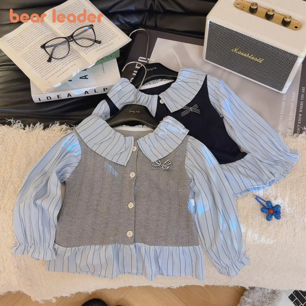 Urso Líder Versão Coreana Primavera Outono Listrado Impresso Crianças Camisa De Manga Comprida Lapela Retalhos Roupas De
