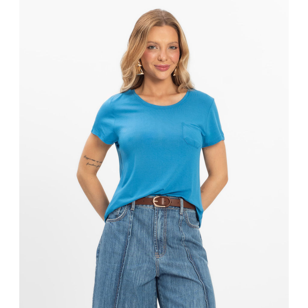 Blusa Feminina Viscotorcion Com Bolso Rovitex Azul