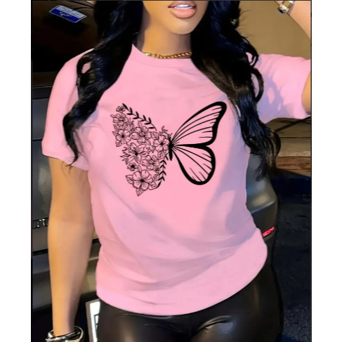 Camiseta Feminina Borboleta Floral 100% Algodão Premium T-Shirt Estampada Casual Moderna Confortável Look Fashion