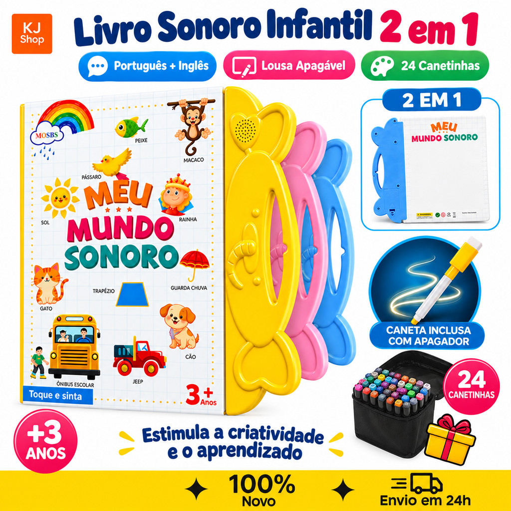 Livro Sonoro Infantil Bilíngue Português Inglês Interativo 2 em 1 com Lousa Apagável e 24 Canetinhas 3+ Anos