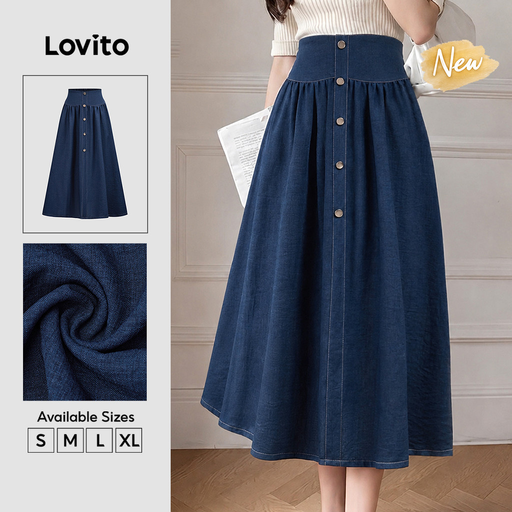 (New Arrival) Lovito Saias Femininas Longas E evasê Azulescuro Fivela metálica E zíper primavera/verão Fim De Semana SKB39BR269