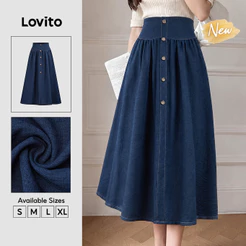 (New Arrival) Lovito Saias Femininas Longas E evasê Azulescuro Fivela metálica E zíper primavera/verão Fim De Semana SKB39BR269